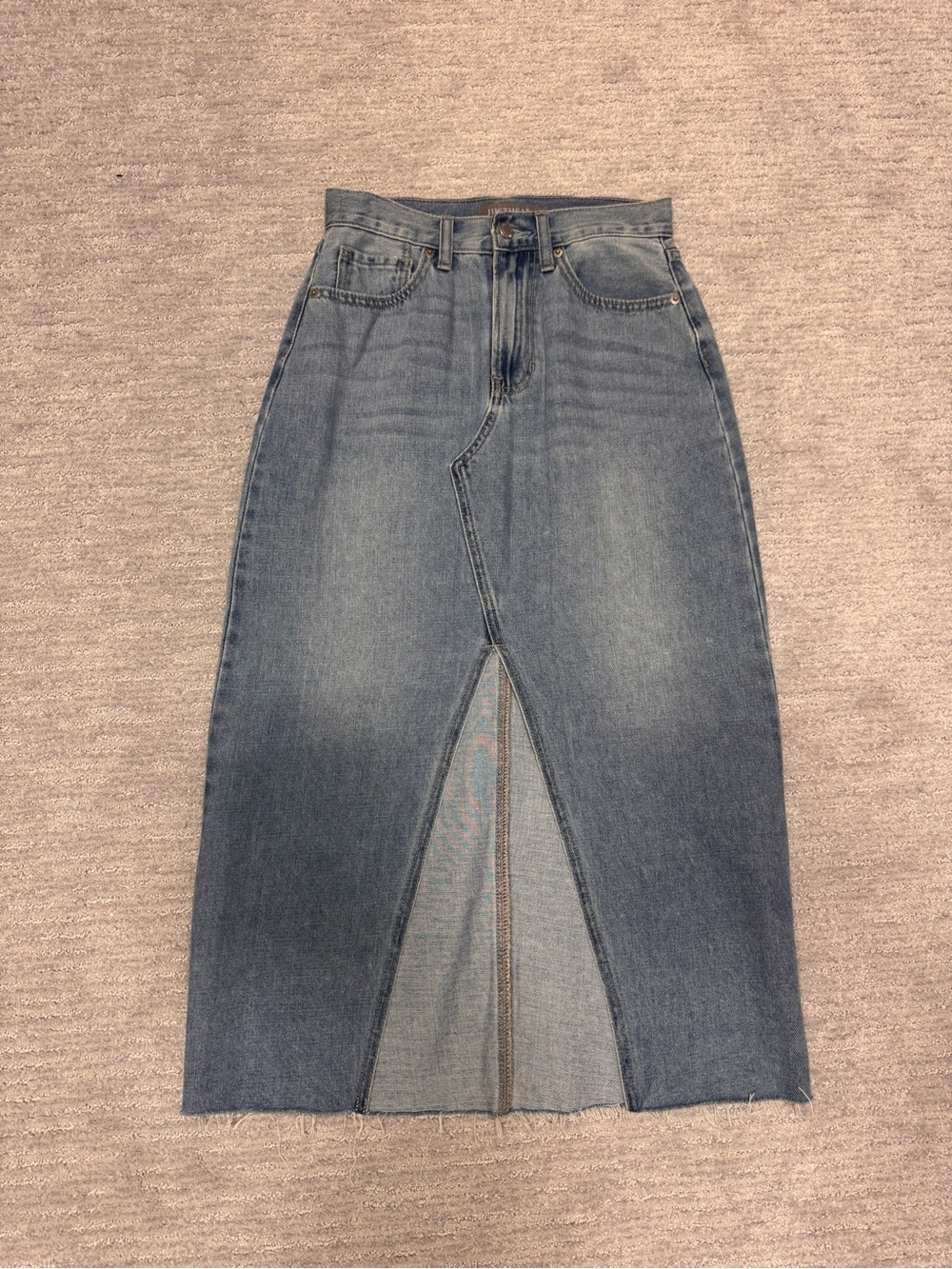 Just USA Washed Blue High-Rise Denim Midi Skirt with Front Slit